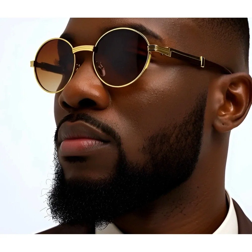 Gold Oval Sunglasses Brown Gradient Lenses‎ Wood Temples Men's Fashion Eyewear